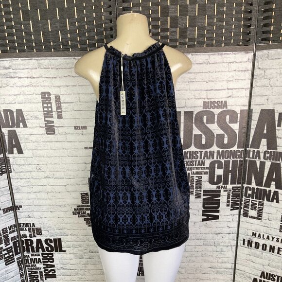 Max Studio XL Midnight Blue Flocked Geometric Print Lined High Neck Halter Top - Picture 3 of 5